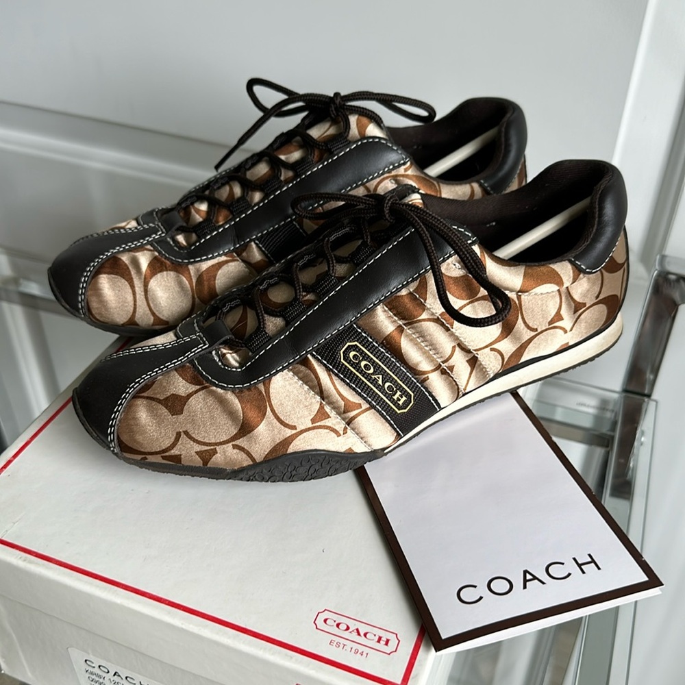 Coach Kirby Sneaker, Khaki/Brown Sateen, Size 8.5 M